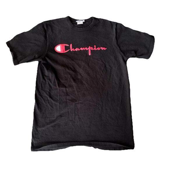 Champion Mens Sz L Black T Shirt Heavyweight Cotton Red Spell Out Logo Teens - Picture 1 of 9